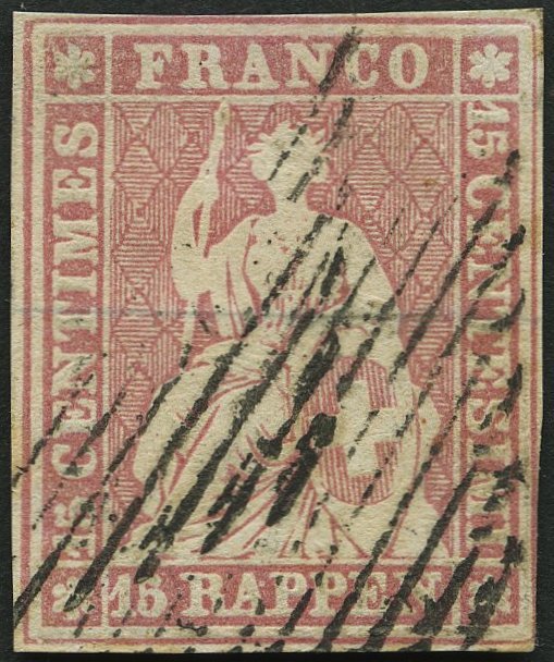 SCHWEIZ BUNDESPOST 15IIByp O, 1857, 15 Rp. Rosa, Blauer Seidenfaden, Berner Druck II, (Zst. 24Db), Fast Vollrandig, Prac - 1843-1852 Federal & Cantonal Stamps