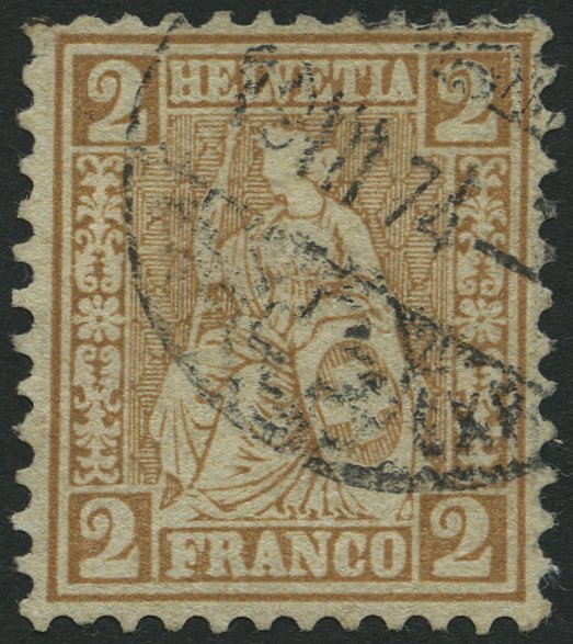 SCHWEIZ BUNDESPOST 29b O, 1867, 2 C. Rotbraun, Feinst (Eckzahnbug), Mi. 240.- - 1843-1852 Federal & Cantonal Stamps