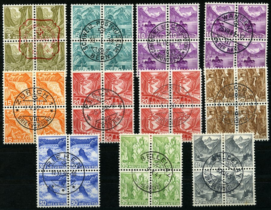 SCHWEIZ BUNDESPOST 297-305I,IIz VB O, 1936, Landschaften, Geriffelter Gummi, In Zentrisch Gestempelten Viererblocks, 10 - 1843-1852 Correos Federales Y Cantonales