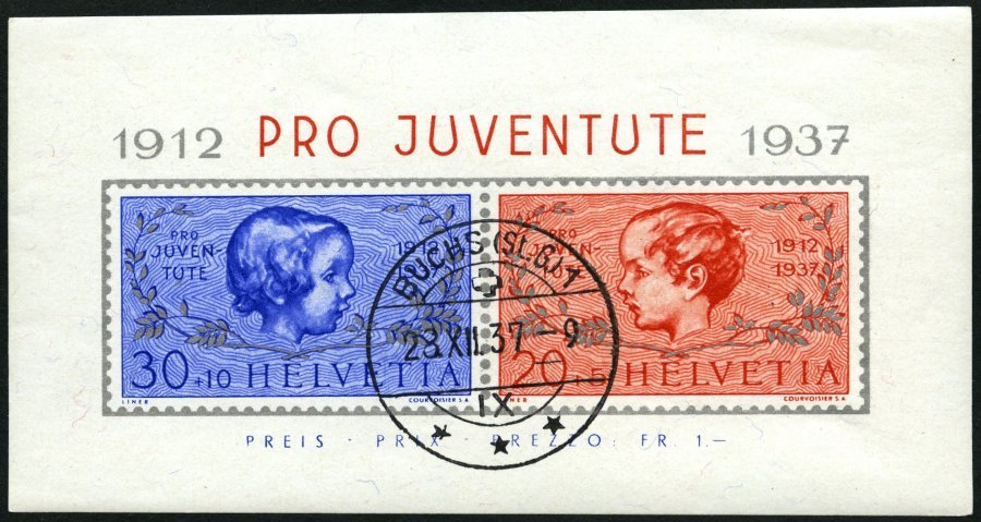 SCHWEIZ BUNDESPOST Bl. 3 O, 1937, Block Pro Juventute, Pracht, Gepr. Abt, Mi. 65.- - 1843-1852 Correos Federales Y Cantonales