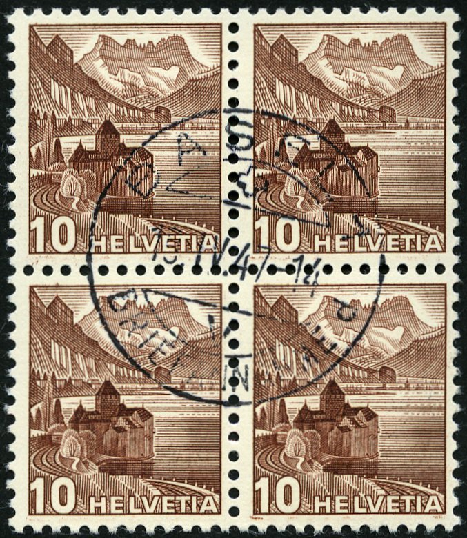 SCHWEIZ BUNDESPOST 363z VB O, 1940, 10 C. Dunkelrötlichbraun, Geriffelter Gummi, Im Zentrisch Gestempelten Viererblock, - 1843-1852 Correos Federales Y Cantonales