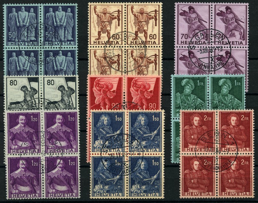 SCHWEIZ BUNDESPOST 377-85 VB O, 1941, Historische Darstellungen In Zentrisch Gestempelten Viererblocks, Prachtsatz - 1843-1852 Correos Federales Y Cantonales