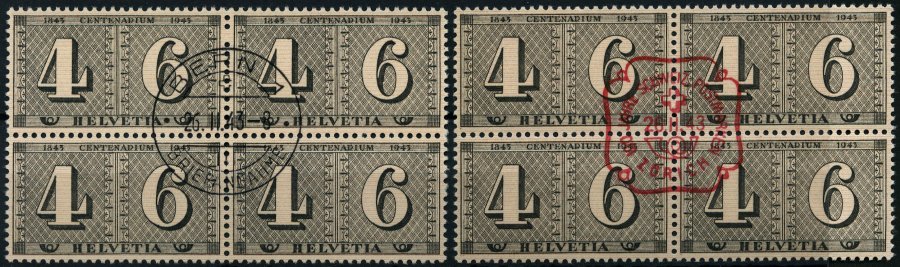 SCHWEIZ BUNDESPOST 416 VB O, 1943, 4+6 C. 100 Jahre Briefmarken, 2 Viererblocks Mit Zentrischen Ersttagsstempeln (in Rot - 1843-1852 Correos Federales Y Cantonales