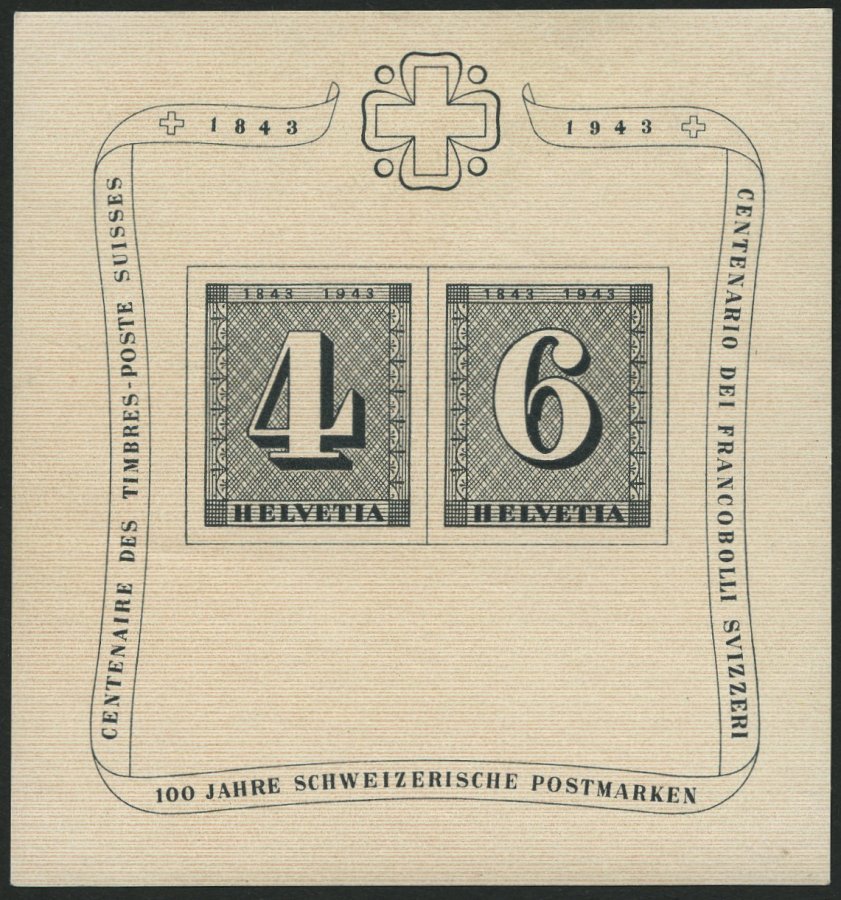 SCHWEIZ BUNDESPOST Bl. 8 **, 1943, Block 100 Jahre Briefmarken, Feinst, Mi. 100.- - 1843-1852 Correos Federales Y Cantonales