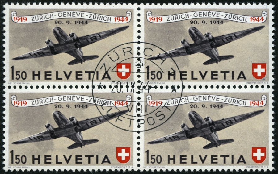 SCHWEIZ BUNDESPOST 438 VB O, 1944, 1.50 Fr. 25 Jahre Flugpost Im Zentrisch Gestempelten Viererblock, Pracht - 1843-1852 Correos Federales Y Cantonales