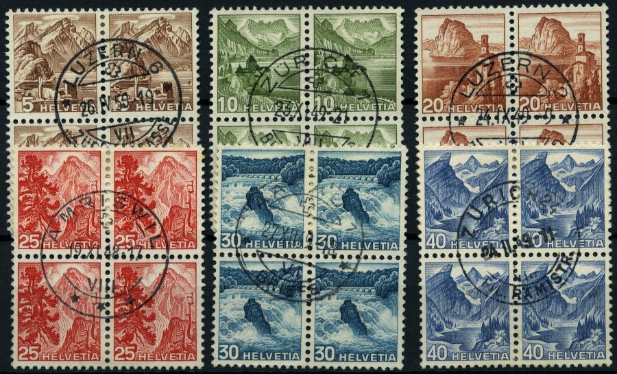 SCHWEIZ BUNDESPOST 500-05 VB O, 1948, Landschaften In Zentrisch Gestempelten Viererblocks, Prachtsatz - 1843-1852 Correos Federales Y Cantonales