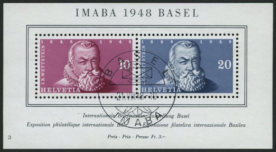 SCHWEIZ BUNDESPOST Bl. 13 O, 1948, Block IMABA, Ersttags-Sonderstempel, Pracht, Mi. 90.- - 1843-1852 Correos Federales Y Cantonales