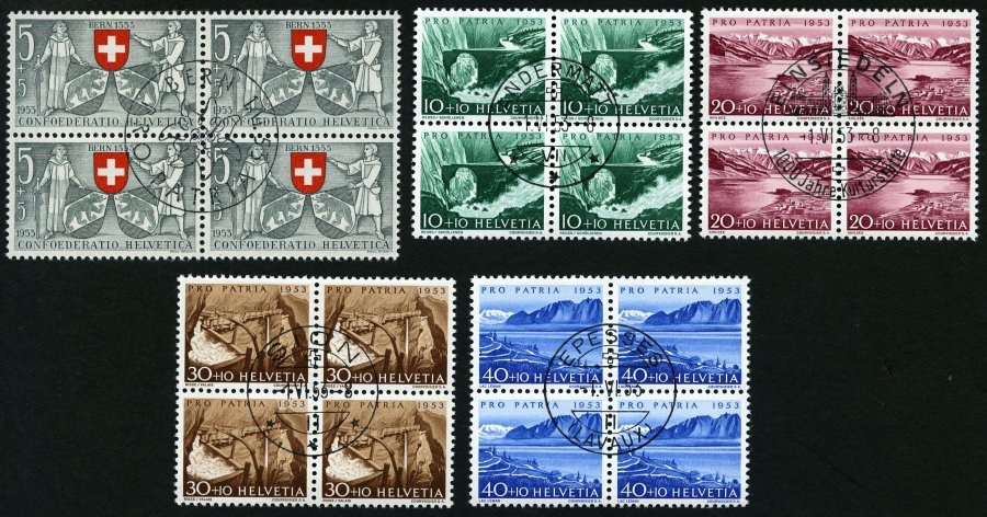 SCHWEIZ BUNDESPOST 580-84 VB O, 1953, Pro Patria In Viererblocks Mit Zentrischen Ersttagsstempeln, Prachtsatz - 1843-1852 Correos Federales Y Cantonales