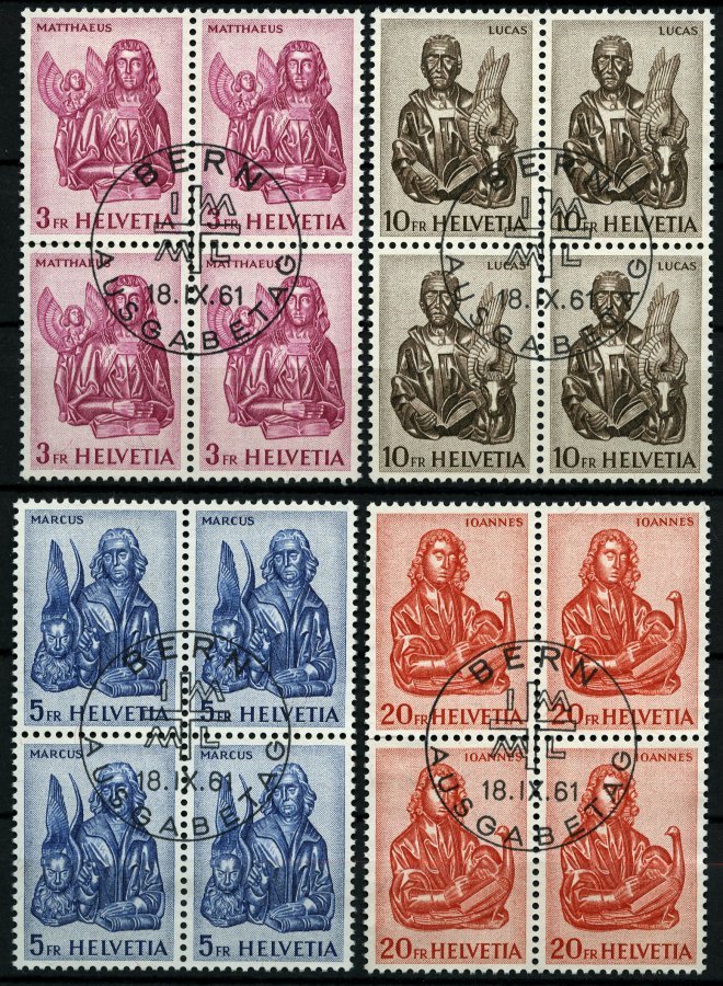 SCHWEIZ BUNDESPOST 738-41 VB O, 1961, Evangelisten In Viererblocks Mit Zentrischen Ersttagsstempeln, Pachtsatz - 1843-1852 Correos Federales Y Cantonales