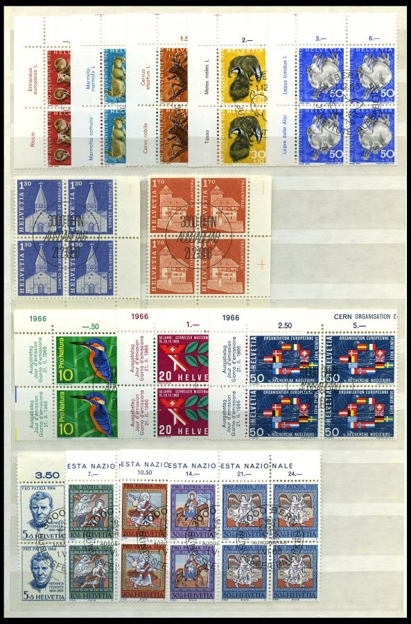 LOTS VB o, 1962-71, saubere Partie verschiedener zentrisch gestempelter Viererblocks, nur komplette Ausgaben, Pracht, Mi