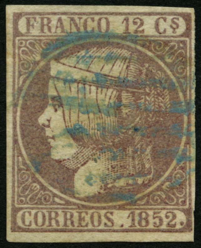 SPANIEN 13 O, 1852, 12 Cs. Lila, Blauer Stempel, Pracht, Gepr. Pfenninger, Mi. 150.- - Used Stamps