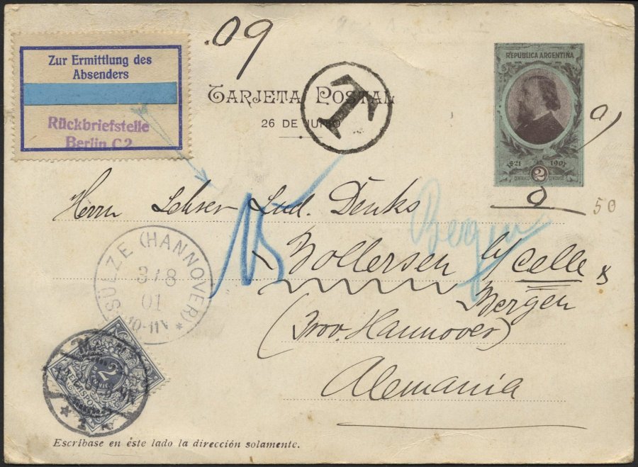 ARGENTINIEN 1901, 2 C. Bildpost-Ansichtskarte (Acorazado San Martin) Von Buenos Aires Nach Deutschland, Mit 2 Pf. Nachpo - Otros & Sin Clasificación