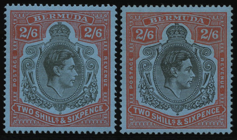 BERMUDA-INSELN 112a,b **, 1938/42, 2 Sh. 6 P. Rot/schwarz Auf Graublau Und Rot/schwarz Auf Blassblau, Gezähnt 14, Postfr - Bermuda