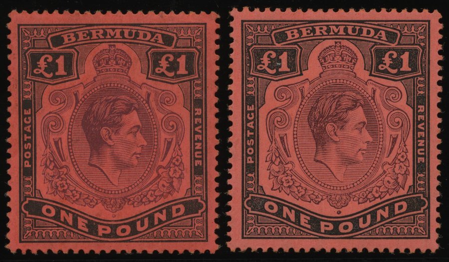 BERMUDA-INSELN 116b *, 1943, 1 £ Schwarz/braunpurpur, Gezähnt 14, (SG 121b Und E), Falzrest, 2 Prachtwerte - Bermudas