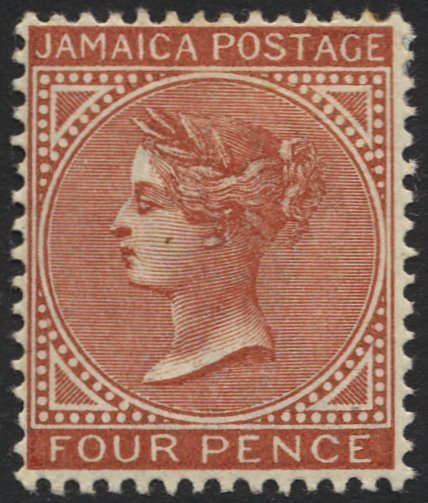 JAMAIKA 18 *, 1883, 4 P. Bräunlichrot, Wz. CA Einfach, Falzrest, Pracht, Mi. 500.- - Jamaica (...-1961)