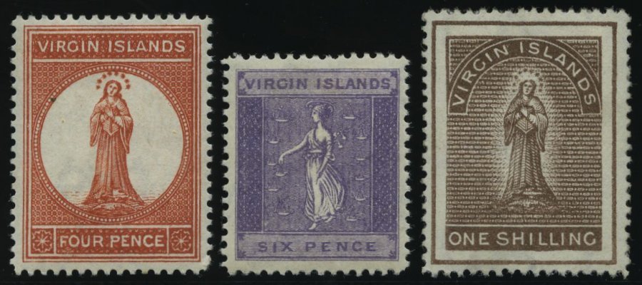 JUNGFERNINSELN 14-16 *, 1887, 4 P. - 1 Sh. Heilige Ursula, Falzreste, 3 Prachtwerte, Mi. 157.- - British Virgin Islands