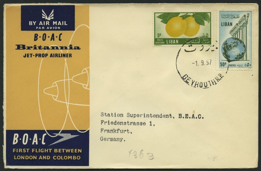 LIBANON 559,565 BRIEF, 1957, B.O.A.C. Erstflug London-Colombo, Brief Nach Frankfurt, Pracht - Líbano