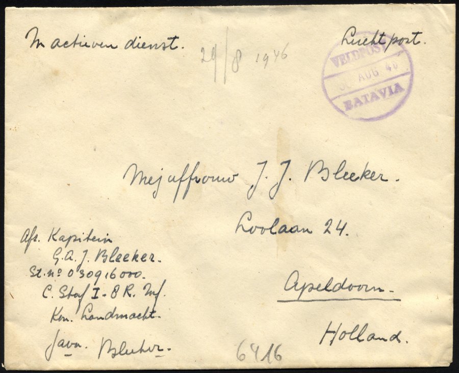 NIEDERLÄNDISCH-INDIEN 1946, Violetter K1 VELDPOST/Datum/BATAVIA Und Handschriftlicher Vermerk In Active Dienst Auf Luft- - India Holandeses