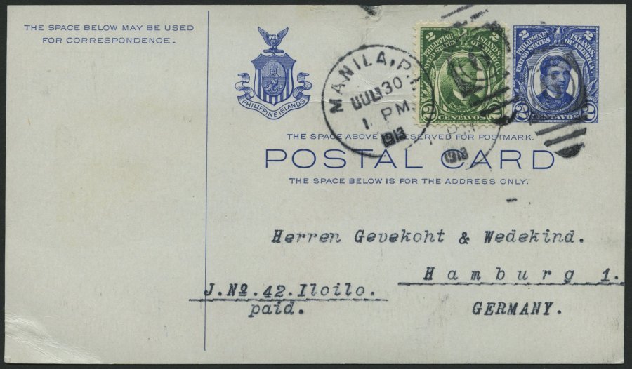 PHILIPPINEN 275 BRIEF, 1913, 2 C. Rizal Als Zusatzfrankatur Auf 2 C. Ganzsachenkarte Nach Hamburg, Pracht - Filipinas