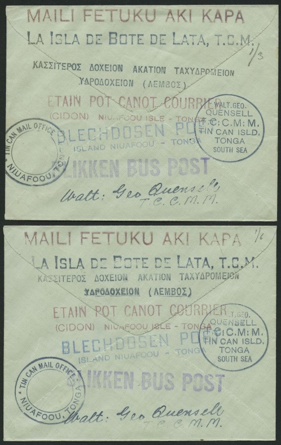 TONGA 39,56,72 BRIEF, 1938, TIN CAN MAIL, 2 Verschiedene Belege Mit Diversen Stempeln, Pracht - Tonga (1970-...)