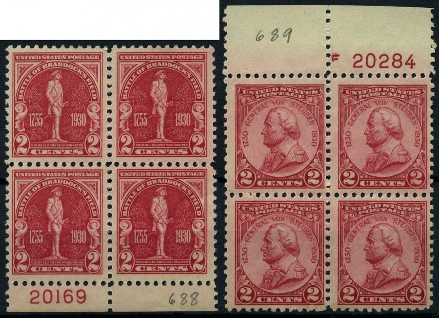 USA 329/30 VB **, Scott 688/9, 1930, 2 C. Washington Und Steuben, Je In Postfrischen Plattenviererblocks, Pracht - Otros & Sin Clasificación