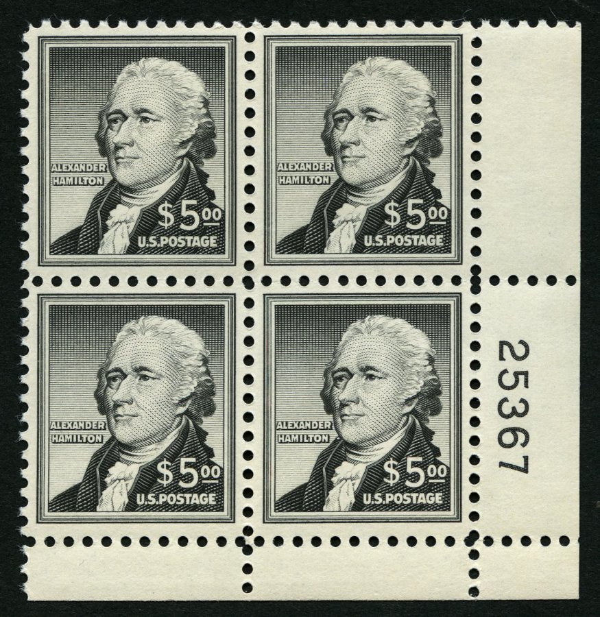 USA 675 VB **, Scott 1053, 1956, 5 $ Hamilton Im Unteren Rechten Eckrandviererblock Mit Plattennummer, Postfrisch, Prach - Otros & Sin Clasificación