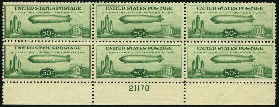 USA **, Scott C 18, 1933, 50 C. Chicagofahrt, Im Postfrischen Sechserblock Vom Unterrand Mit Plattennummer 21178, Unrege - Other & Unclassified