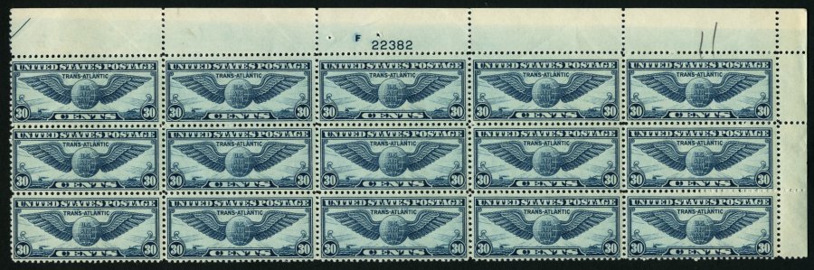 USA 450 **, Scott C 24, 1939, 30 C. Transatlantikflug New York-Marseille Im 15er-Bogenteil Mit Plattennummer, Pracht, $ - Other & Unclassified