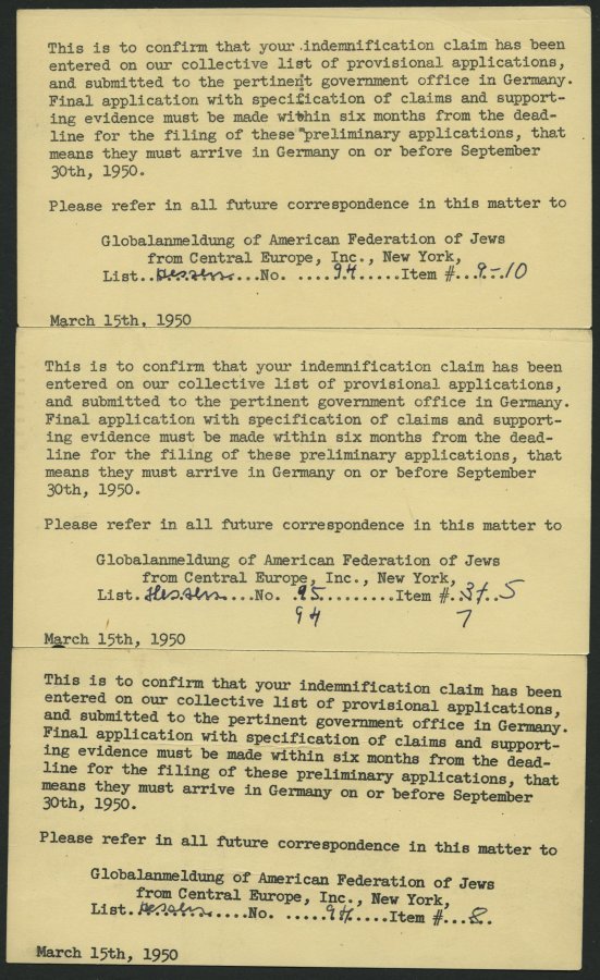 GANZSACHEN 1950, Jüdische Entschädigungsansprüche Gegen Deutschland, 3 Verschiedene 1 C. Ganzsachenkarten, Pracht - Other & Unclassified