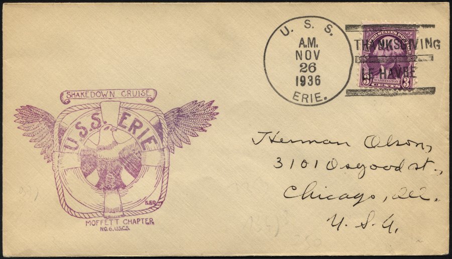 FELDPOST 1936, Brief Mit K1 Des US-Kanonenbootes U.S.S. ERIE Und Abstempelung Thanksgiving Le Havre, Pracht - Used Stamps