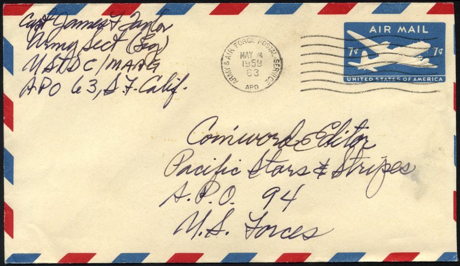 FELDPOST 1959, Luftpost-Ganzsachenumschlag Mit K1 ARMY AIR FORCE POSTAL SERVICE/APO, Pracht - Usados