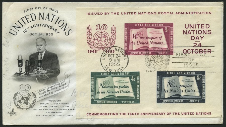 UNO NEW YORK Bl. 1I BRIEF, 1955, Block 10 Jahre Vereinte Nationen Auf FDC, Pracht - UNO