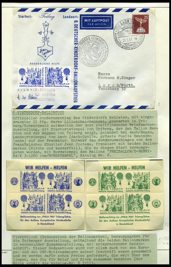 SLG. EUROPA Ca. 1958-62, Sammlung Mit 41 Belegen, U.a. Kinderdorf-Ballonpost, Underberg-Luftschiffpost, Kronfeld-Gedenks - Otros & Sin Clasificación