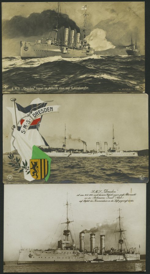 ALTE POSTKARTEN - SCHIFFE KAISERL. MARINE BIS 1918 S.M.S. Dresden, 5 Karten, Dabei 3 Feldpostkarten - Warships