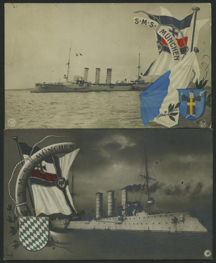 ALTE POSTKARTEN - SCHIFFE KAISERL. MARINE BIS 1918 S.M.S. München, 2 Karten, Eine Gebrauchte Von 1906 - Warships