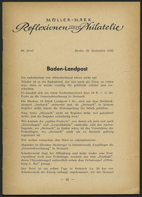 PHIL. LITERATUR Reflexionen über Philatelie, 89. Brief Baden-Landpost Bis 95. Brief Die Hermesköpfe Von Griechenland In - Filatelia E Historia De Correos