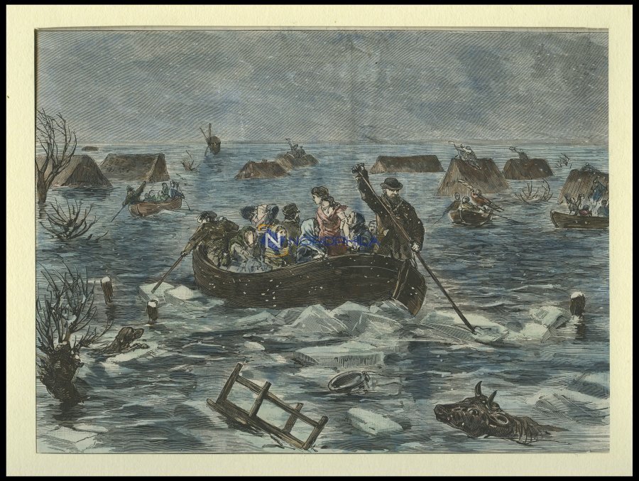 Die ELBE: Überschwemmung Der Niederelbe, Kolorierter Holzstich Nach Arnould Von 1888, - Litografía