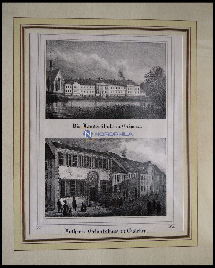 GRIMMA: Die Landesschule Und EISLEBEN: Luther`s Geburtshaus Auf Einem Blatt, Lithopraphie Aus Saxonia Um 1840 - Litografía