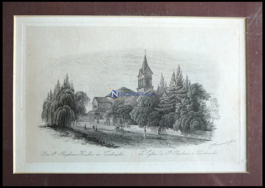 KARLSRUHE: Die St. Stephan Kirche, Stahlstich Auf Chinapapier Von Frommel Um 1840 - Lithographies