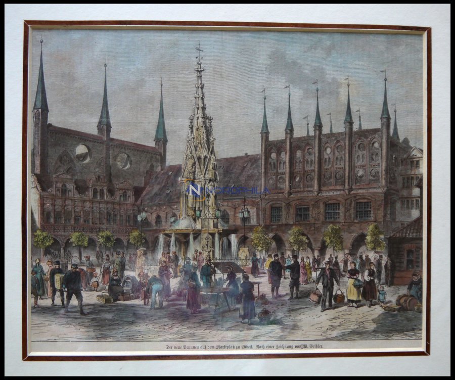 LÜBECK: Der Neue Brunnen Auf Dem Marktplatz, Kolorierter Holzstich Nach Geißler Um 1880 - Litografia