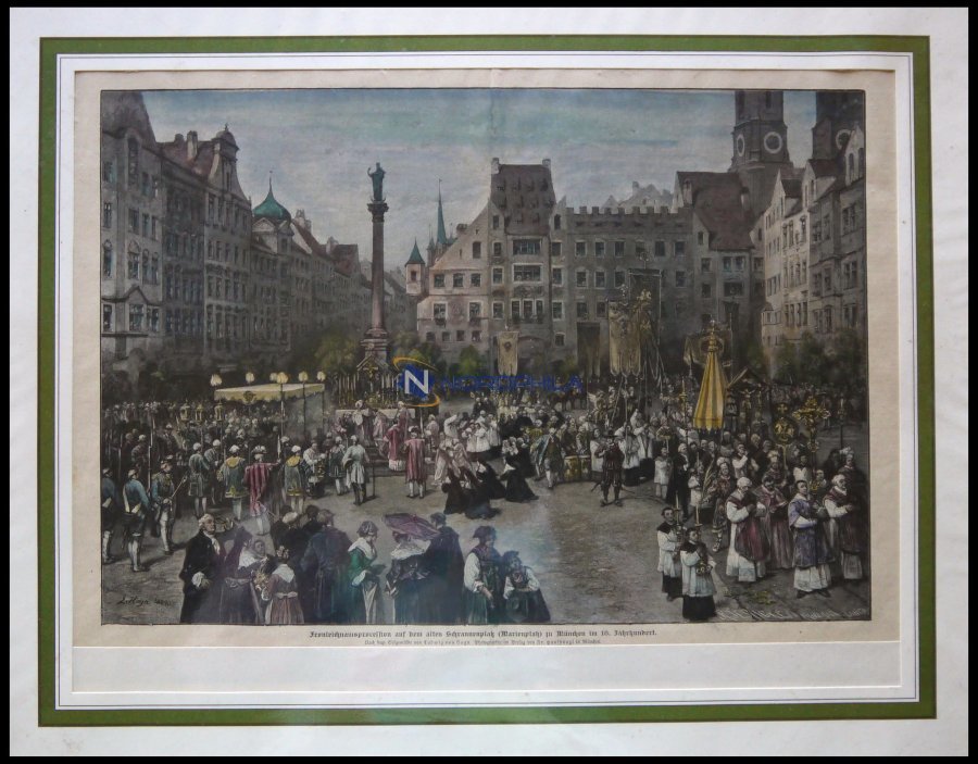 MÜNCHEN: Fronleichnamsprozession Auf Dem Alten Schrannenplatz (Marienplatz), Kolorierter Holzstich Nach Hagn Um 1880 - Litografia