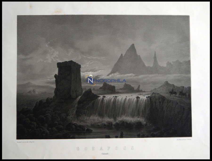 GODAFOSS (Godafoss), Wasserfall Bei Mondschein, Lithographie Mit Tonplatte Von Alexander Nay Nach Emanuel Larsen Bei Emi - Litografía
