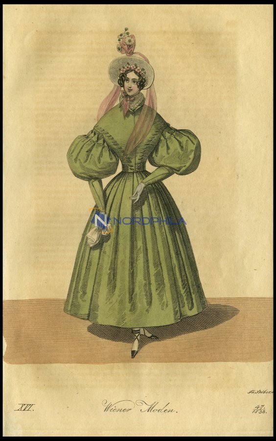 Wiener-Moden - Kleid Von Gros-de-Naples Von J.G. Beer- Dazu Ein Mit Gaze Und Blumen Gezierter Gros-de-Naples-Hut, Altkol - Lithographies