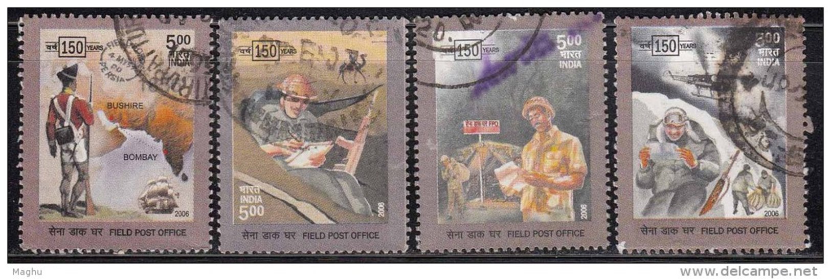 India Used 2006, Set Of 4, Field Post Office, Desert, Helicopter, Army. Airplane, Map, Glacier - Used Stamps