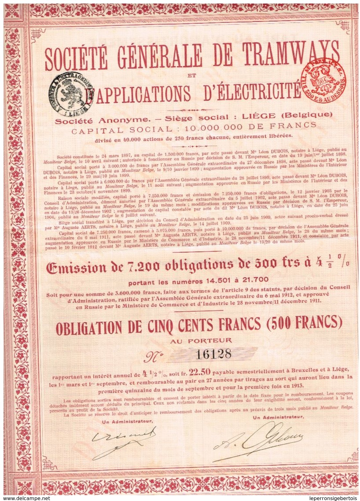 Obligation Ancienne - Sté Générale DeTramways Et Applications D' Electricité  - Titre De 1913 - Ferrocarril & Tranvías