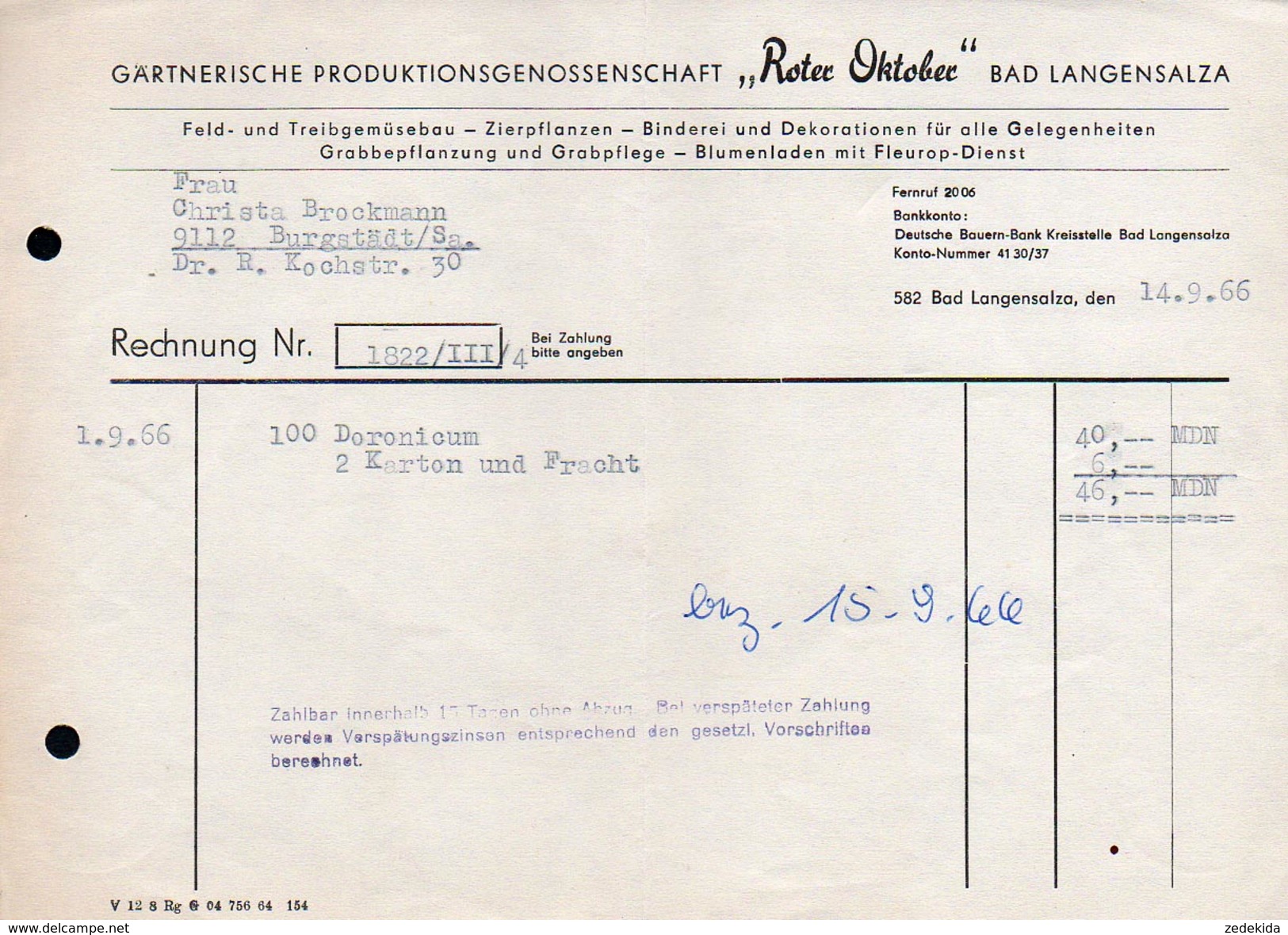 A6304 - Alte Rechnung Werbung - Bad Langensalza - Roter Oktober - 1966 - 1950 - ...