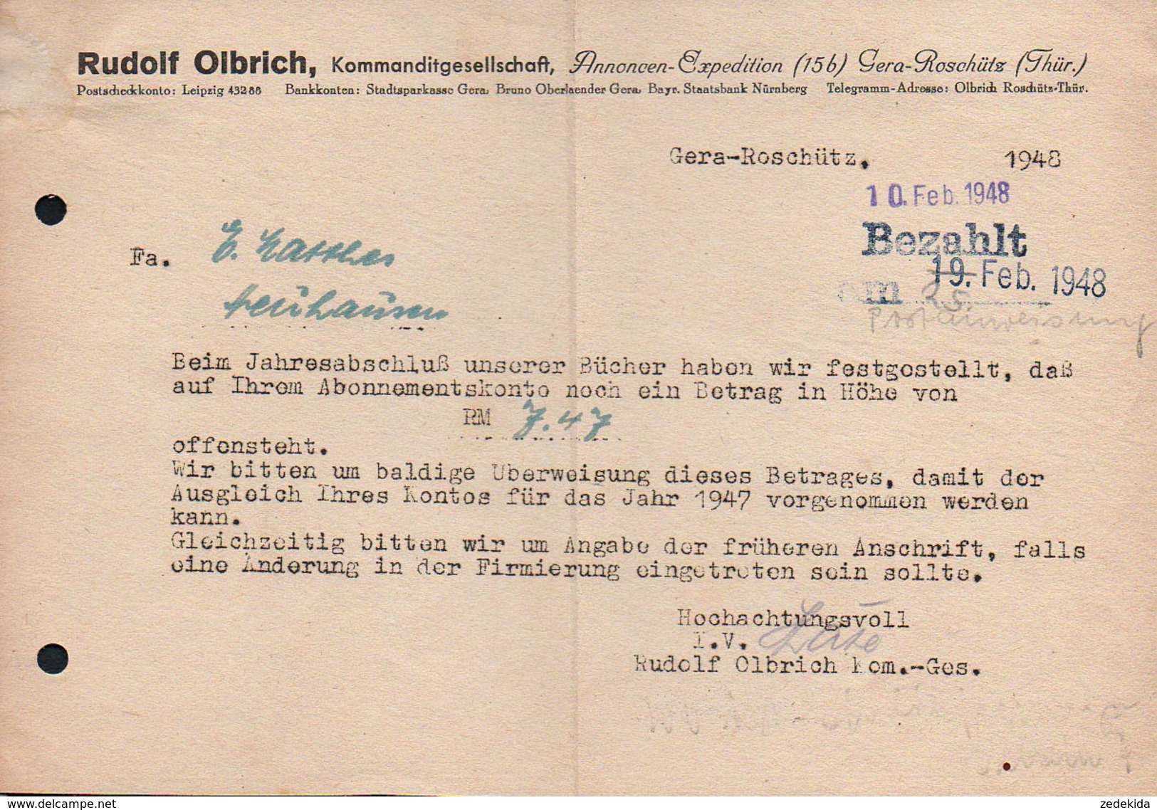 A6306 - Alte Rechnung Werbung - Gera Roschütz - Rudolf Olbrich - 1948 SBZ - 1900 – 1949