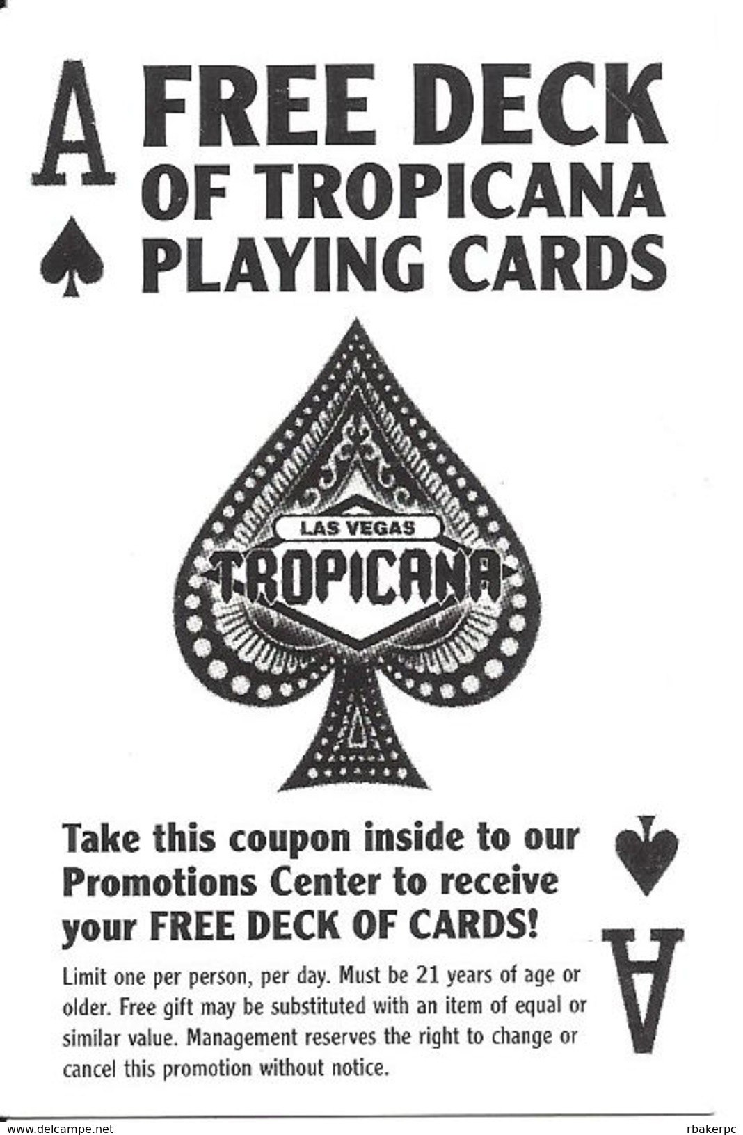 Tropicana Casino - Las Vegas, NV - Coupon Card For Free Deck Of Tropicana Playing Cards - Publicités