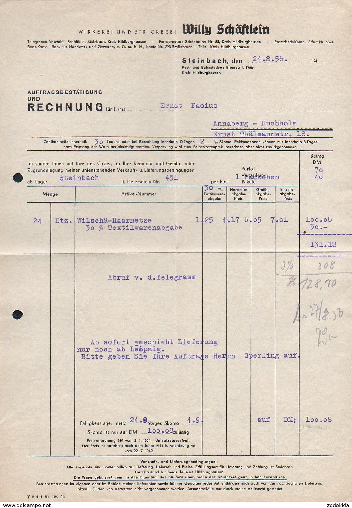 A6314 - Alte Rechnung - Steinbach - Willy Schäftlein - Wirkerei Und Strickerei 1956 - 1950 - ...