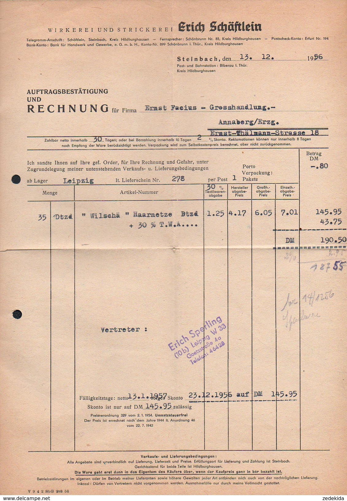 A6315 - Alte Rechnung - Steinbach - Willy Schäftlein - Wirkerei Und Strickerei 1956 - 1950 - ...